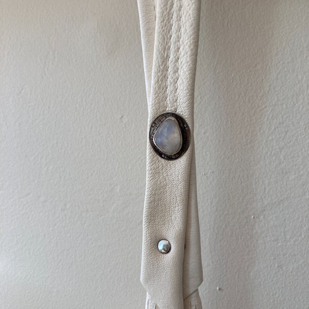 White Leather Fringe Bolo with Moonstone Embedded - Picture 4 of 9